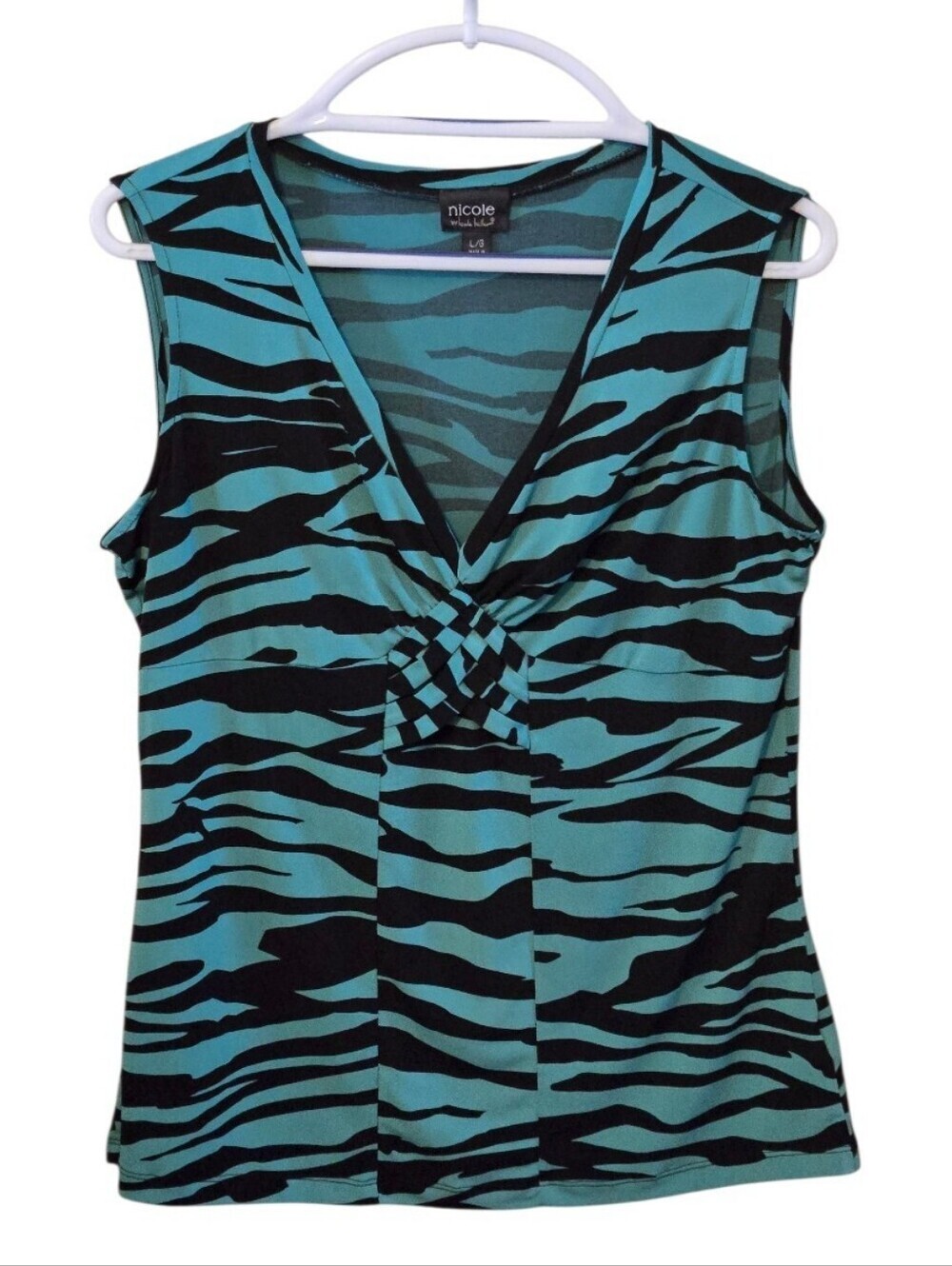 Nicole by Nicole Miller Zebra Print Knot Front Tank Top Women's L V-Neck Stretch